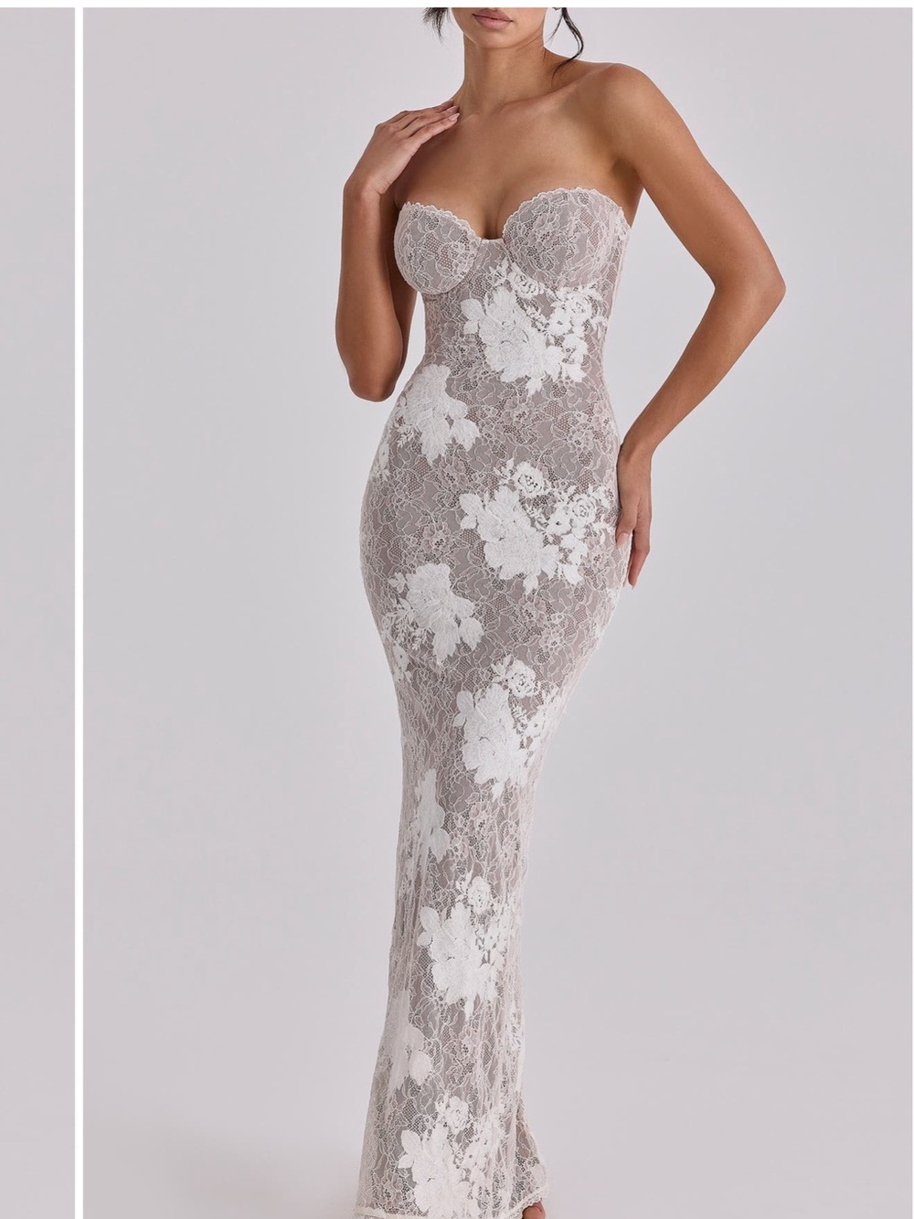 House of CB Ivory and Nude Long Sleeve Lace Mermaid Gown - Picture 3 of 5